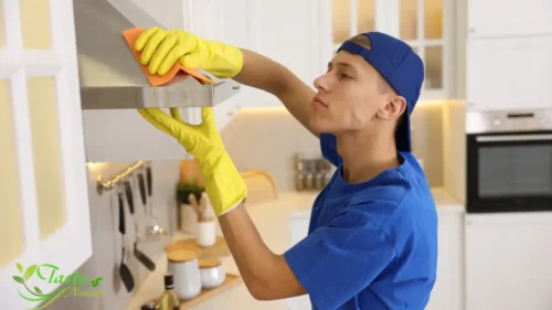 Kitchen hood cleaning before and after comparison showing grease removal results