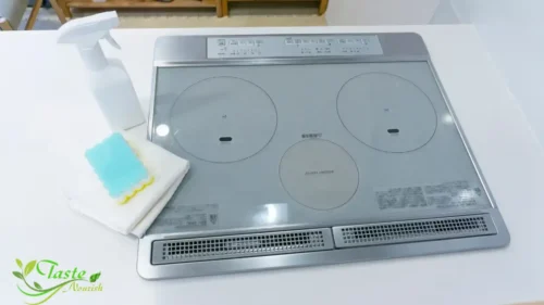 Step-by-step kitchen hood filter cleaning process with cleaning supplies and tools