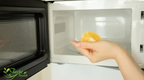 "Before and after photos of dirty microwave cleaned with lemon juice"