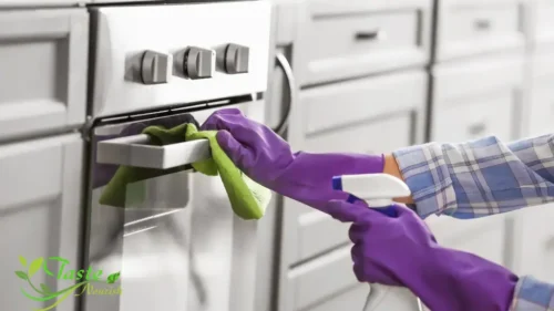 "Essential oven glass cleaner supplies including microfiber cloths, spray bottles, baking soda, vinegar, and rubber gloves"